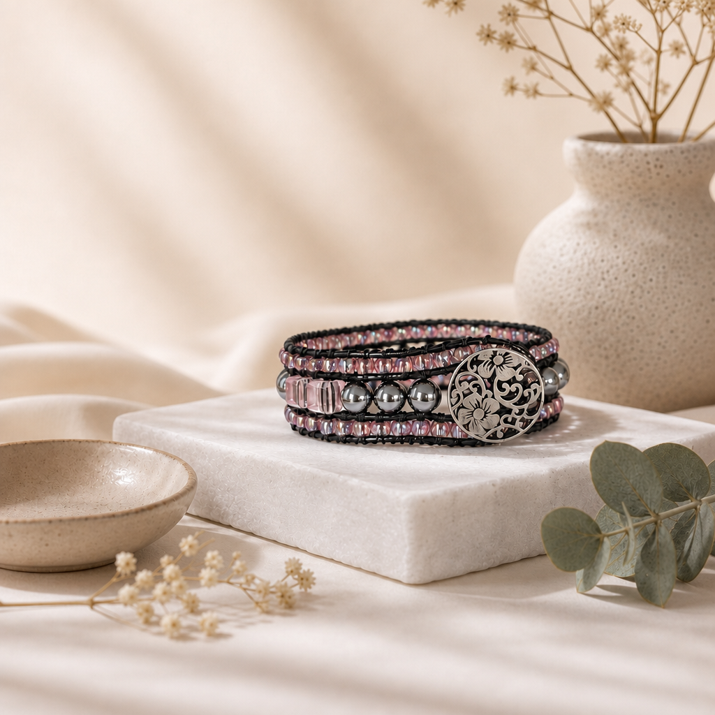 Terahertz beads and pink crystal beads